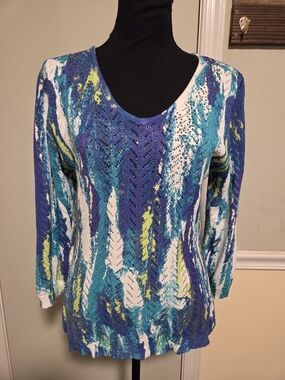 Y2K Women's V-Neck Abstract Knit Sweater in Blue, Teal & White
